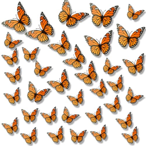 36 Pcs 3D Monarch Butterfly Wall Decals - Realistic PVC Orange Decor