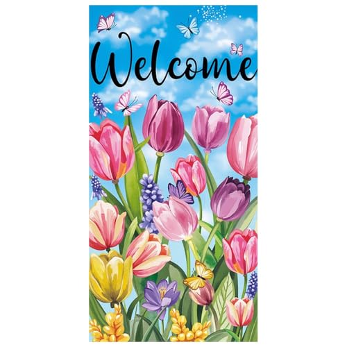 Spring Floral Welcome Door Banner - Tulip & Butterfly Porch Decor 35.4x70.9"