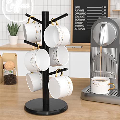 Bamboo Mug Tree Holder with 6 Hooks – Countertop Coffee Cup Organizer