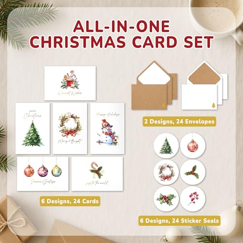 24 Pack Gold Foil Watercolor Christmas Cards with Envelopes