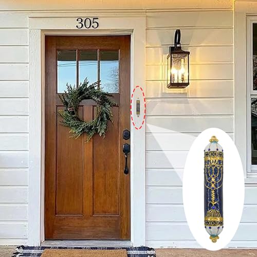 Blue Mezuzah with Scroll for Door - Zinc Alloy & Enamel, 5 x 0.86 in