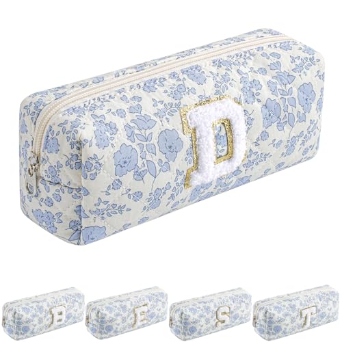 JOVAKIT Blue Floral Alphabet Makeup Bag - Travel Toiletry Pouch Organizer