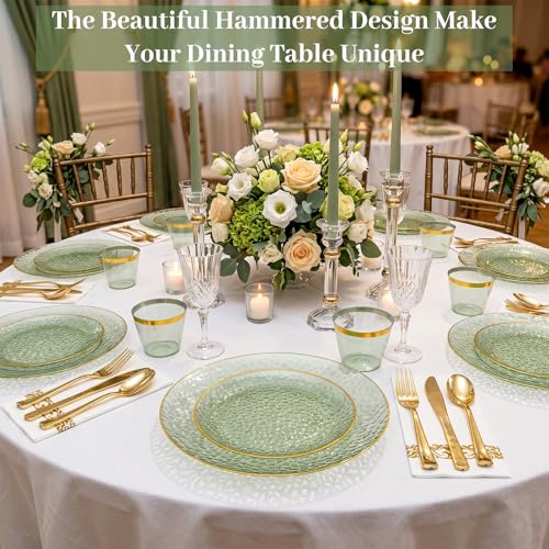 Sage Green Plastic Dinnerware Set for 25 Guests - 175 Pieces, Gold Rim & Hammer Pattern