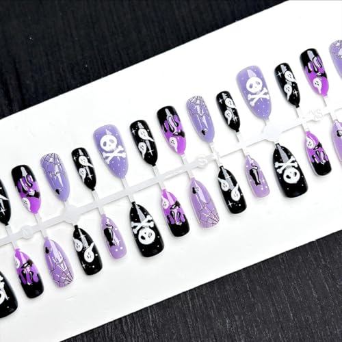 Halloween Press on Nails Short Goth Acrylic Fake Nails Bat Ghost
