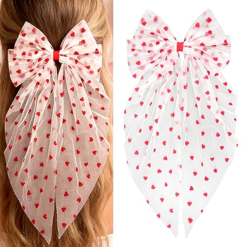 Doneace Valentine's Day Large Red Heart Hair Bow Clip with Long Tail