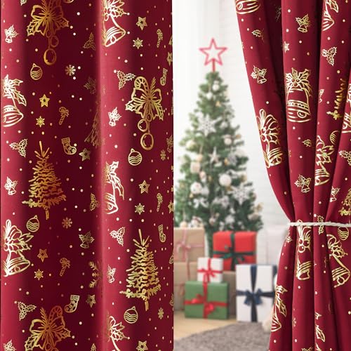 Red Christmas Blackout Curtains 63 Inch for Bedroom Living Room - Gold & Red / Pack of 2