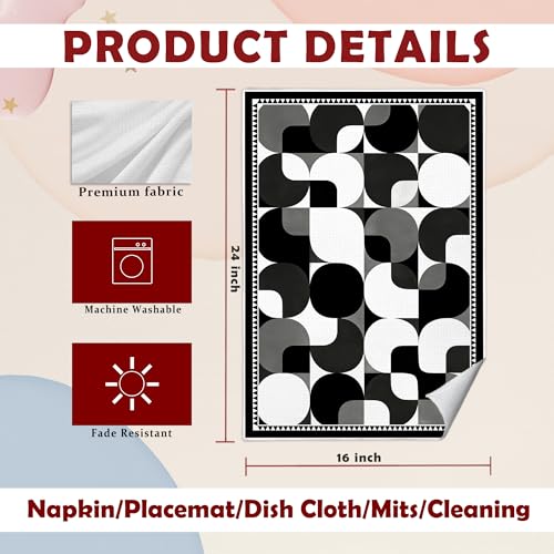 Retro Black and White Kitchen Towels - Mid Century Modern Design, 16x24 Inches