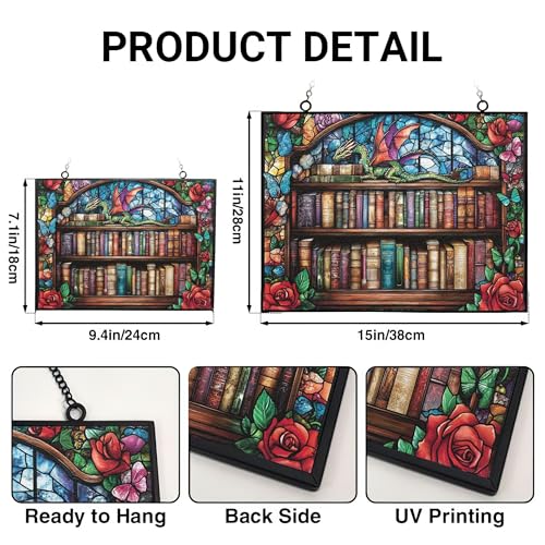 Whimsical Dragon on Bookshelves Stained Glass Suncatcher - Rectangular