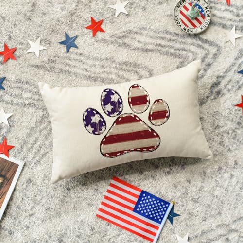 Patriotic Dog Paw Stars Throw Pillow Cover - 12x20 Inch