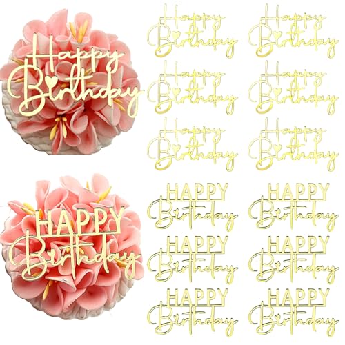 Gold Mirror Acrylic Happy Birthday Cupcake Toppers - 12 Pack, 2.63 x 1.57 in