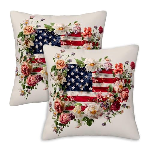 Floral Flag Fusion Throw Pillow Covers 18x18 (Set of 2) - Vintage American Design