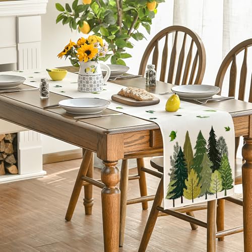 Fallen Leaves Pine Forest Summer Table Runner 13x72 Inch Beige-Green Seasonal Decor