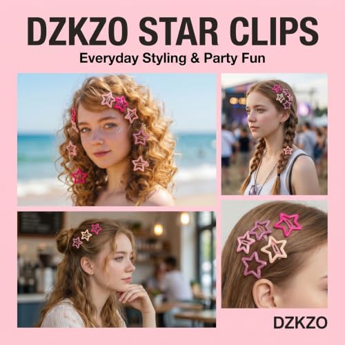 Pink Star Hair Clips 48pcs Y2K Cute Snap Barrettes in 2 Sizes