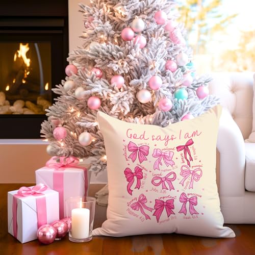 God Says I Am Pillow Cover 18x18 – Cute Pink Christian Cushion