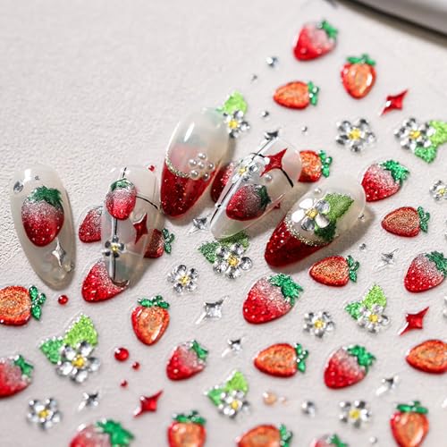 TailaiMei Embossed Strawberry Nail Stickers 5D Fruit Art Decals