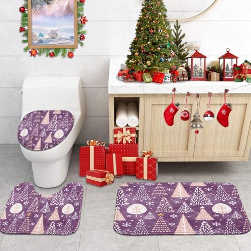Bathroom Set with Shower Curtain and Rugs - Christmas Tree Snowflakes Purple