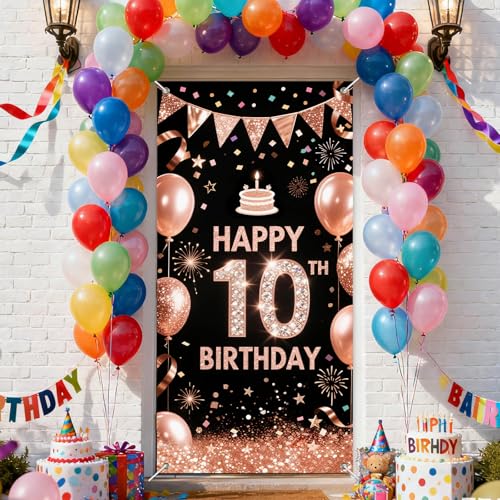 10th Birthday Door Cover - Rose Gold & Black Party Banner 71x35"