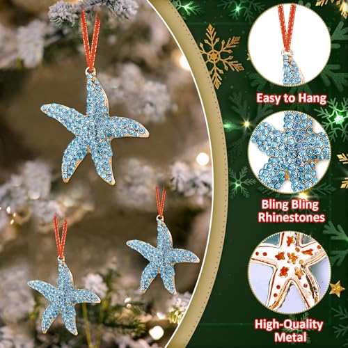 Metal Starfish Christmas Ornament with Blue Rhinestones - Beach Theme Holiday Decor