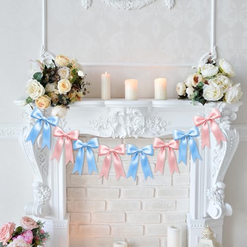 Baby Pink & Blue Bow Garland Banner - 16PCS Pre-Strung Decor