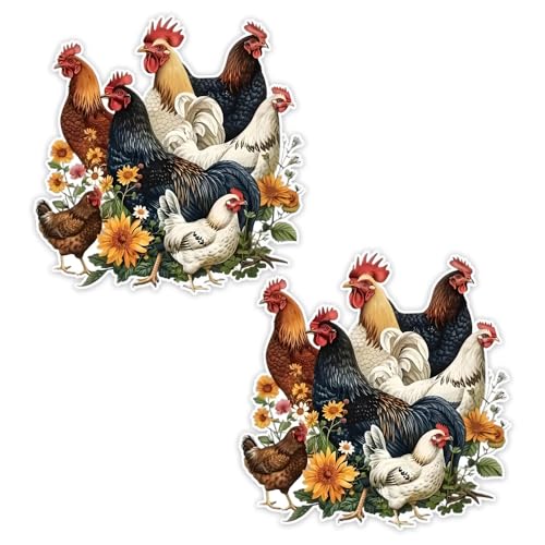 Vivid Chicken and Flower Vinyl Decal Stickers - 2 Pack, 4.92"x5.12"
