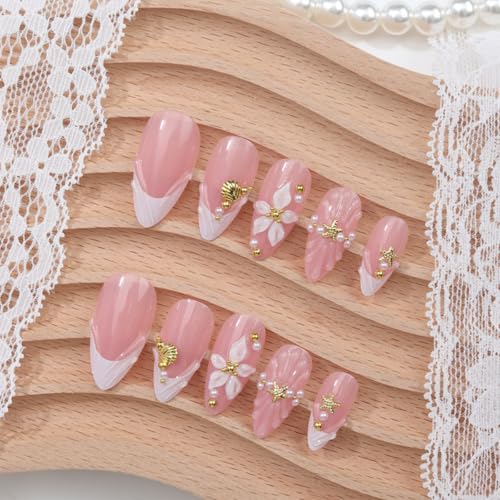 24Pcs Medium Almond Press on Nails with 3D Floral French Tip Design