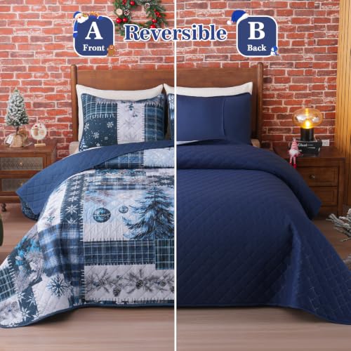 King Size Reversible Christmas Quilts Set with Holiday Tree & Holly Berry - Blue, 3 Piece