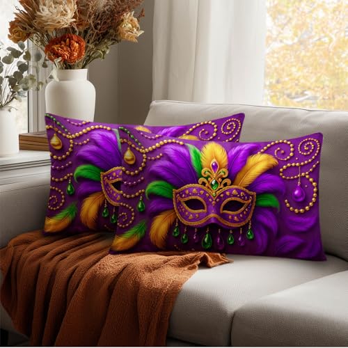 Colorful Mask Lumbar Pillow Covers Set of 2 - 12x20 Satin