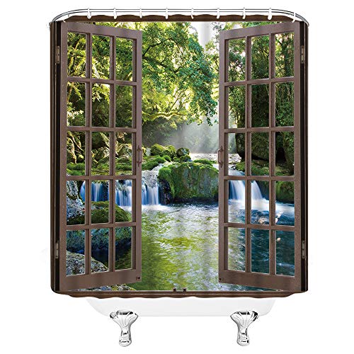 ABONAN 3D Waterfall Rainforest Shower Curtain, Green & Brown, 70 x 70 Inch