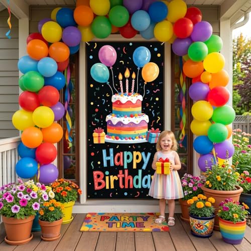 Happy Birthday Banner Backdrop, Colorful Cake Party Decor 35.4x70.9 Inch