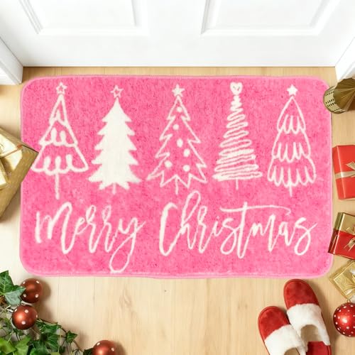 Pink Christmas Bathroom Rug 31.5x19.7 Inch Non-Slip Bath Mat with Xmas Tree Pattern