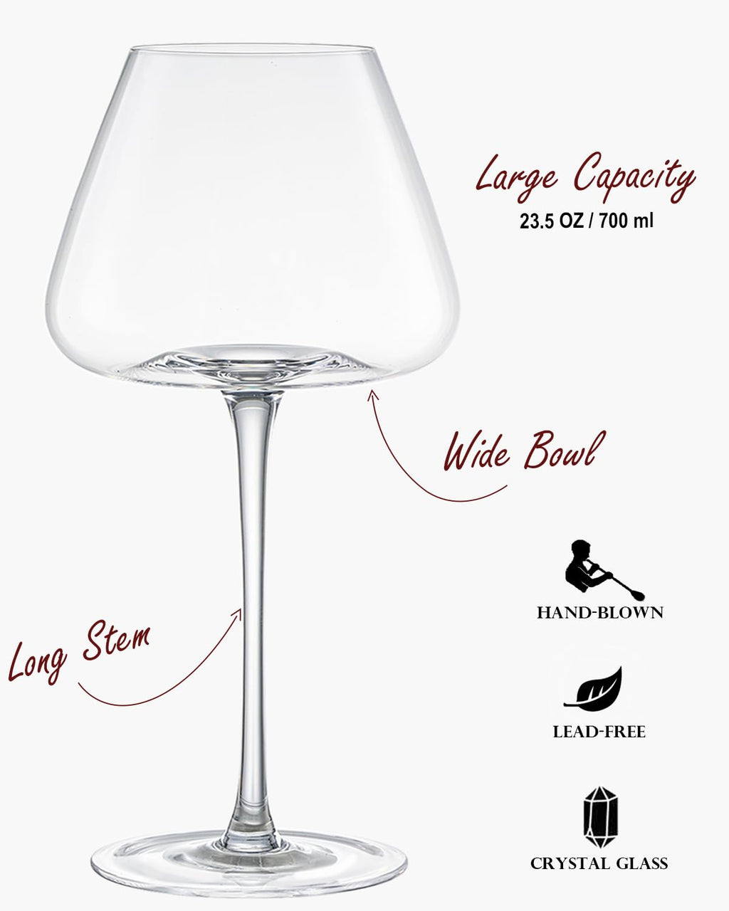 iridisenti Hand-Blown 23.5OZ Crystal Wine Glasses Set of 4 for Pinot Noir, Burgundy, Bordeaux, Large Lead-Free Crystal Glasses with Unique Bottom Design for Red, White Wine, Big Oversized Glasses