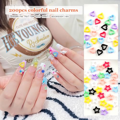Kachimoo Kawaii Nail Charms 200 PCS Colorful Resin Heart and Star Gems