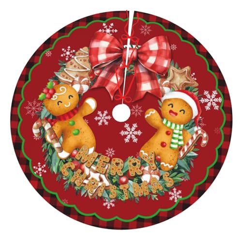 Buffalo Check Christmas Tree Skirt - 36 Inch Gingerbread Man Holiday Mat