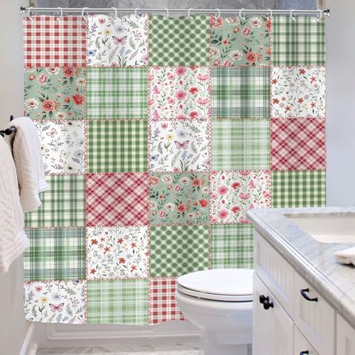 Riyidecor Patchwork Pink and Green Shower Curtain 72"x72" - Floral Design