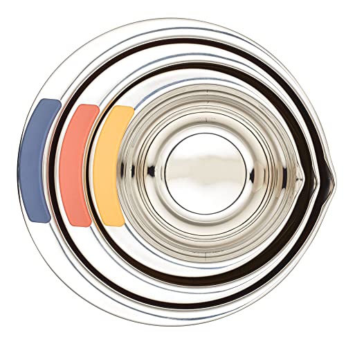 Ayesha Curry Kitchenware Pantryware Stainless Steel Nesting Mixing Bowls, 3-Piece Set, Silver with Color Accent Handles