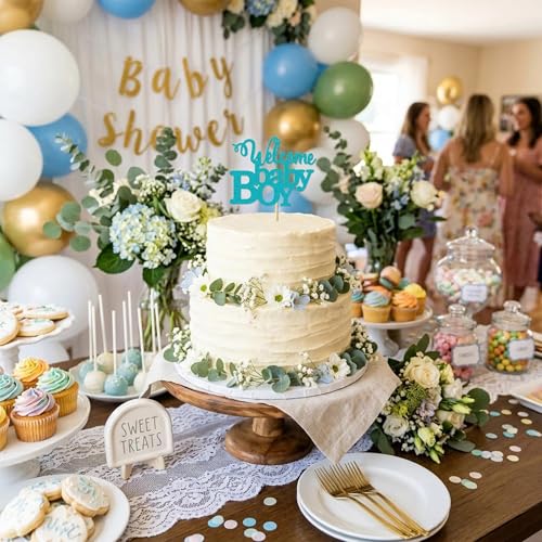 Blue Glitter Welcome Baby Boy Cake Topper for Baby Showers
