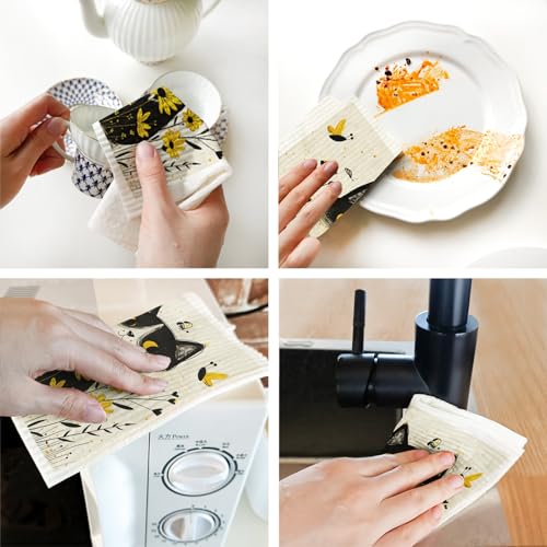 Morigins Cat Swedish Dishcloths - Biodegradable & Reusable Kitchen Towels