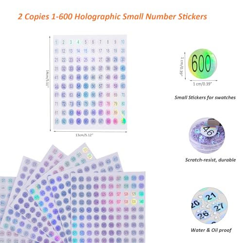 Holographic Number Stickers 1-600 for Nail Polish Swatches & Organization