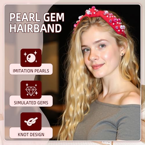 BLAAROOM Red Knotted Pearl & Rhinestone Headband for Women