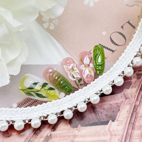 GUAACCB Green Floral Press on Nails Medium Almond Fake Nails 30Pcs