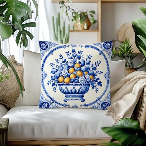 Coastal Blue and White Lemon Pillow Cover 18x18 - Double-Sided Flannelette