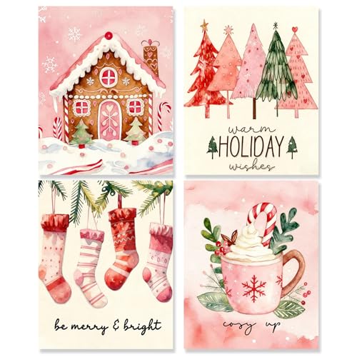 Pink Christmas Tree Gingerbread House Wall Art Prints Set of 4 - Holiday Decor