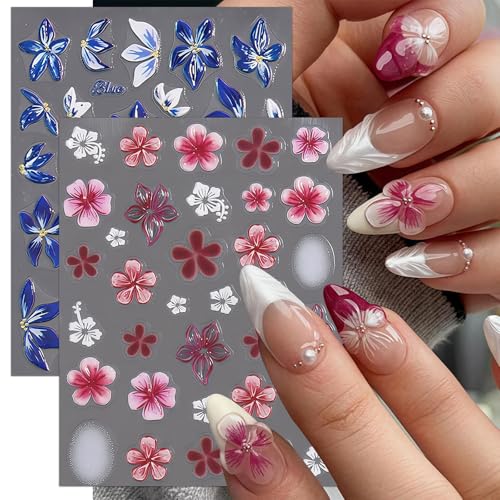 Quezadyl 5D Embossed Blue Hibiscus Flower Nail Stickers - 2 Sheets