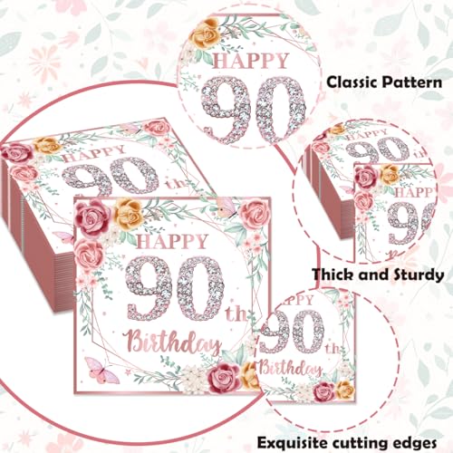 EUOYUFO 50Pcs Rose Gold Floral 90th Birthday Napkins for Women - 90th Birthday Party Supplies