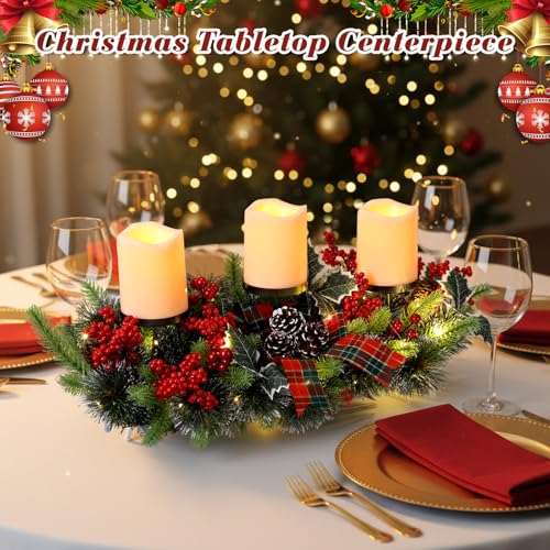 Baquler 3 LED Christmas Candle Centerpiece Battery Pine Red and Green