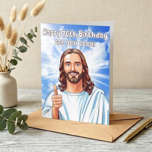PTRUKD Funny 70th Birthday Card BIR-KM-405 – Hilarious Jesus Humor