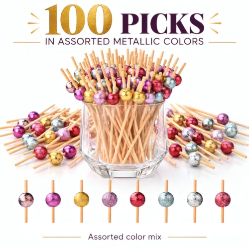 Assorted Metallic Bead Bamboo Cocktail Picks - Glitter, 4.72 Inch, 100 Pack