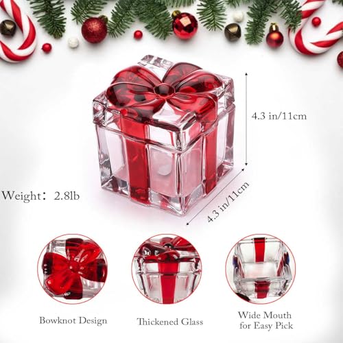 Red Square Crystal Candy Dish with Bowknot Lid, Glass Christmas Decor - 1 Pack