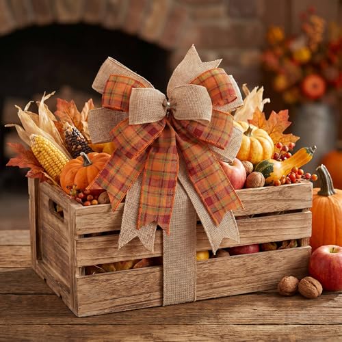 Kutyndrix Fall Wreath Bow - Orange Burlap & Plaid Ribbon 9.4 x 11.8 Inch