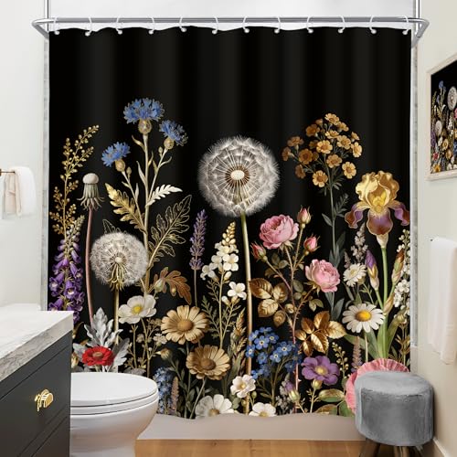 Riyidecor Black and Gold Floral Shower Curtain, 72" x 72" Boho Bathroom Set